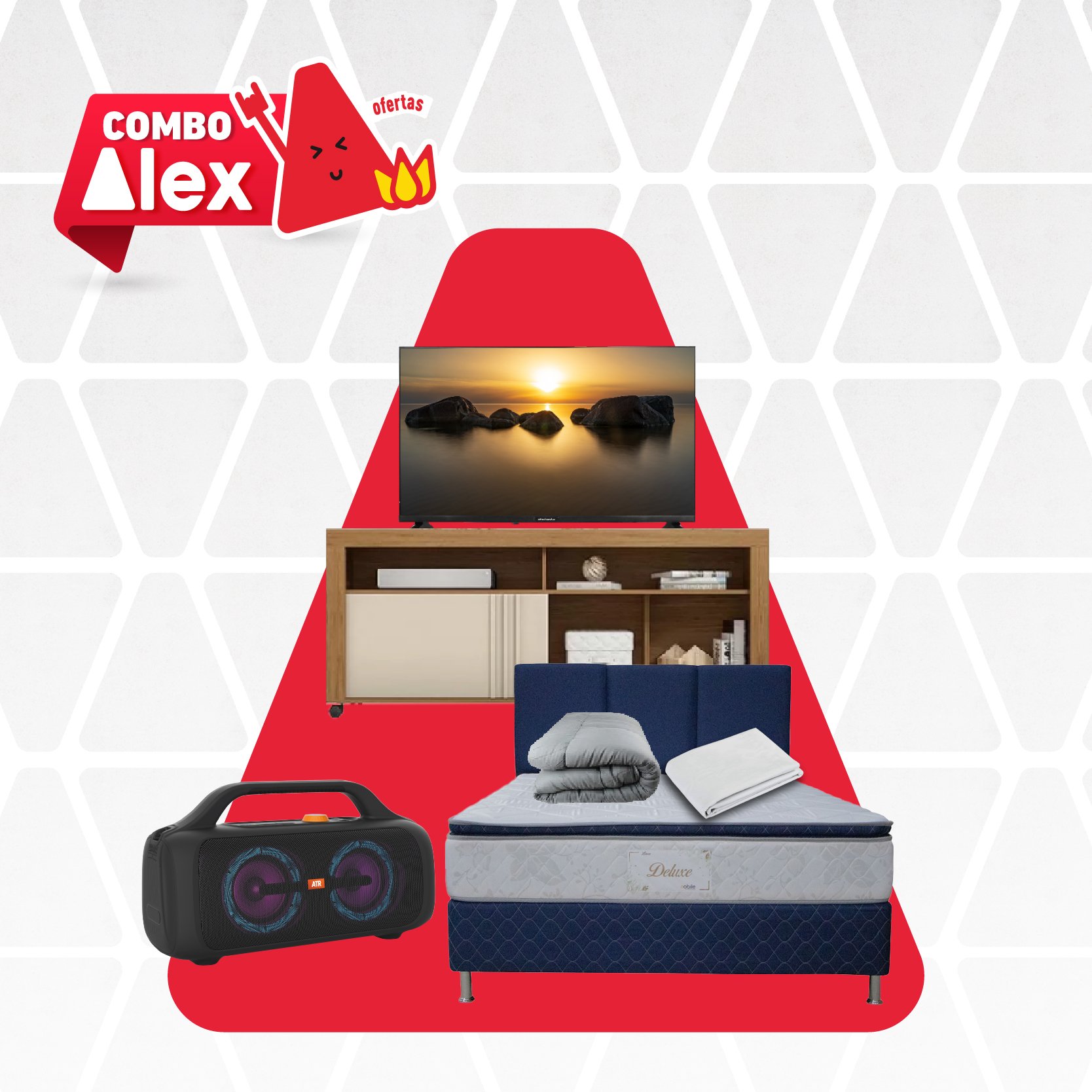 COMBO TELEVISOR + RACK + SOMIER 1.60X2.00 + SABANA + EDREDON + PARLANTE