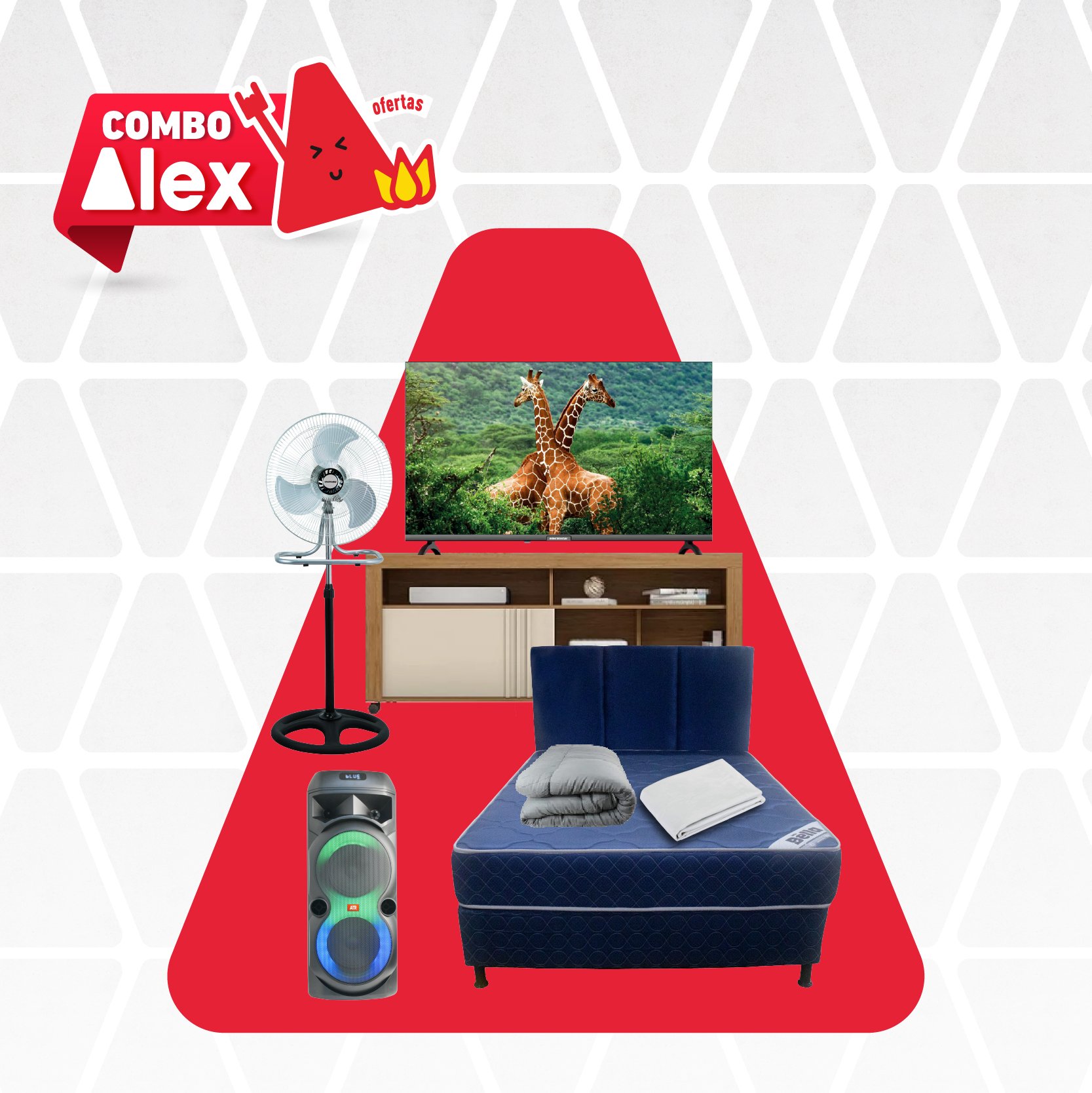 COMBO TELEVISOR + RACK + SOMIER + SABANA + EDREDON + PARLANTE + VENTILADOR