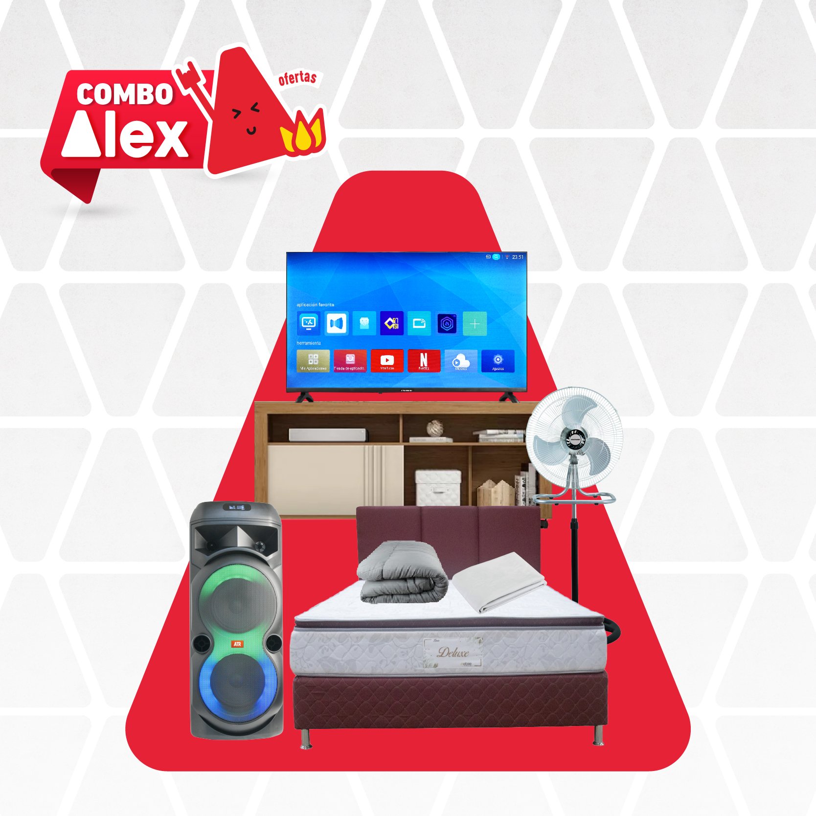 COMBO TELEVISOR 42" + RACK + SOMIER + PARLANTE + VENTILADOR + SABANA + EDREDON