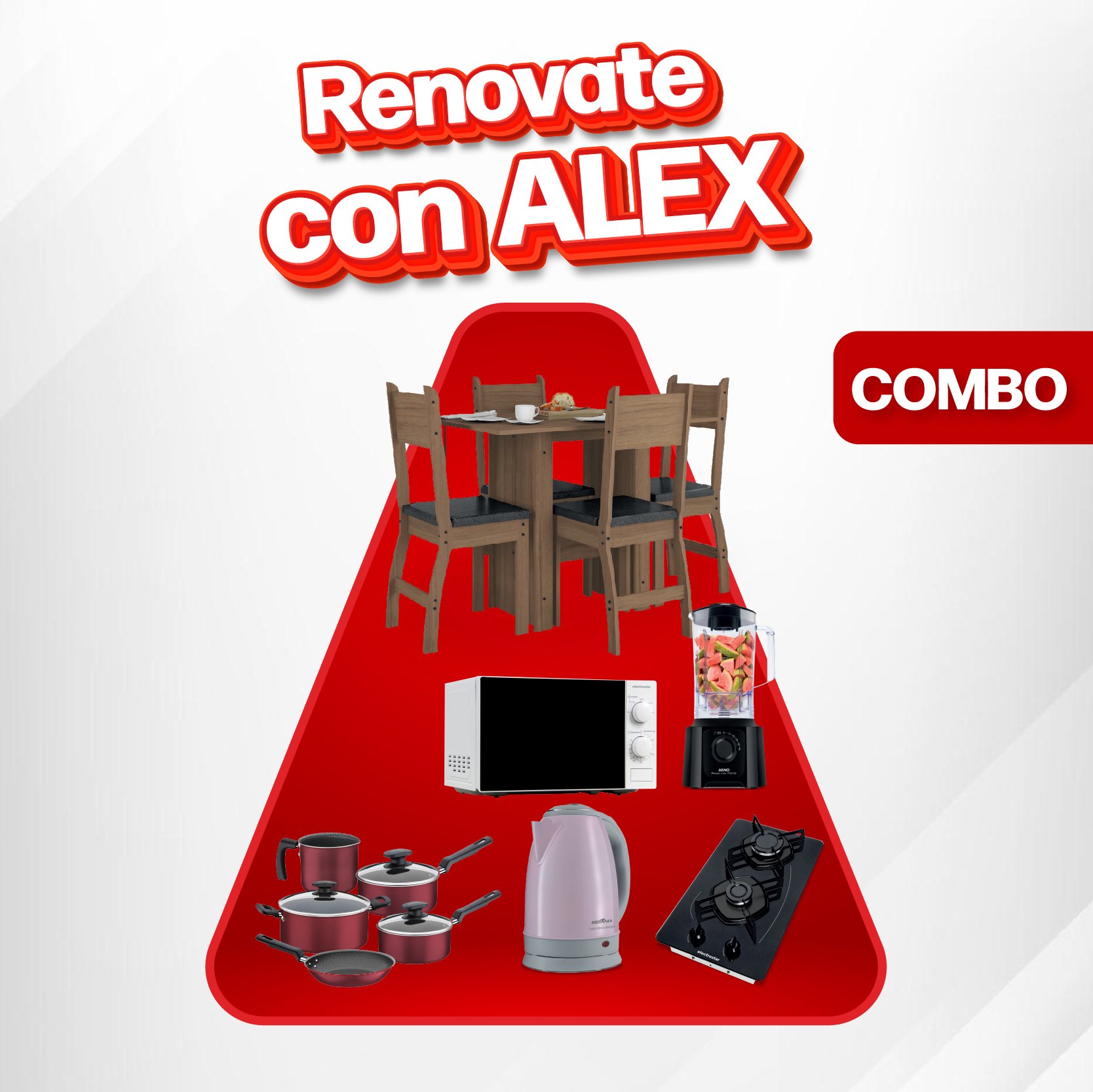 COMBO JUEGO DE COMEDOR 4 SILLAS + ANAFE ELECTROSTAR + OLLAS + LICUADORA + HERVIDORA + MICROONDAS