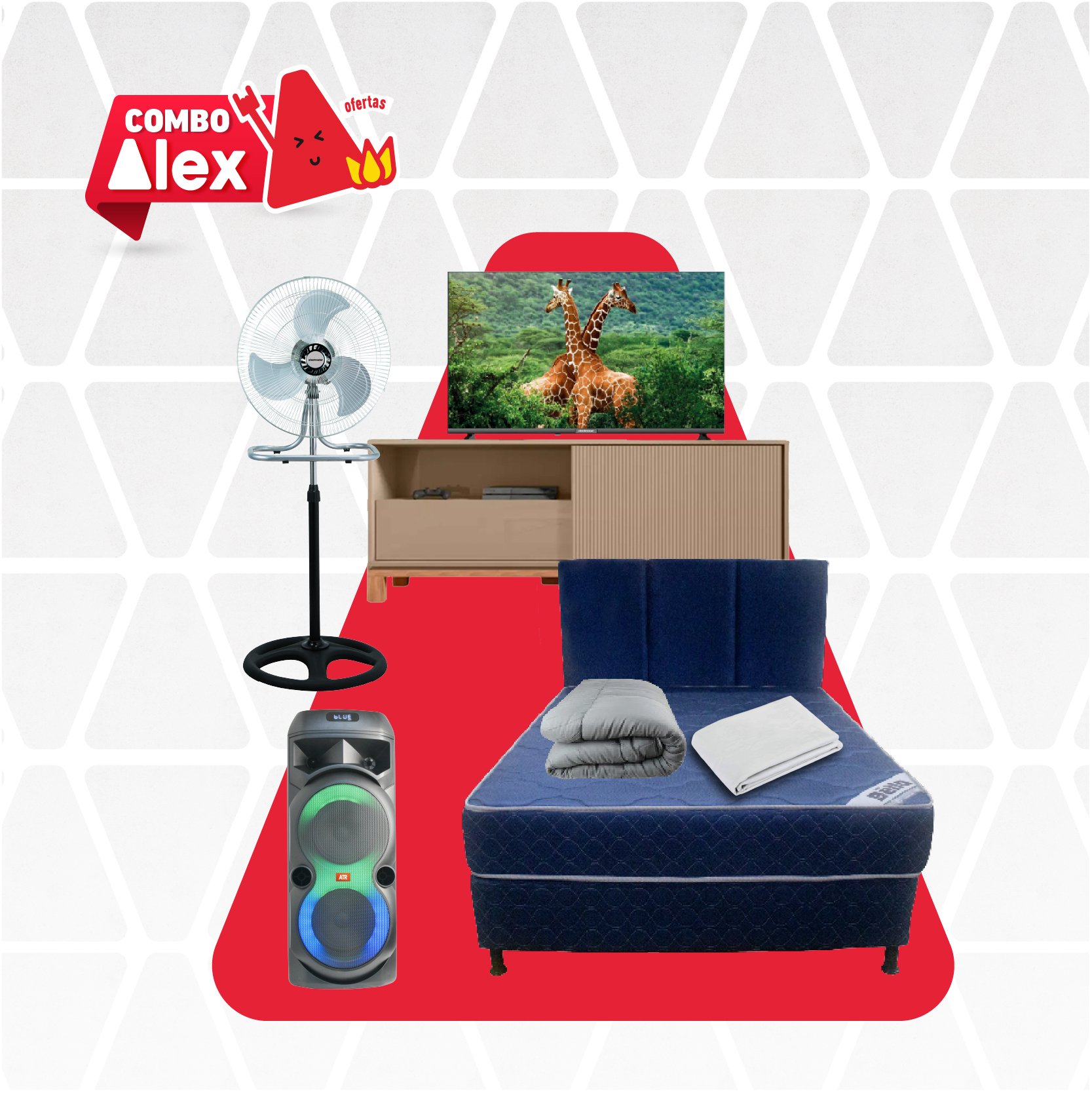 COMBO SOMIER 1.40X1.90 + TELEVISOR 32" + RACK + PARLANTE + VENTILADOR + EDREDON