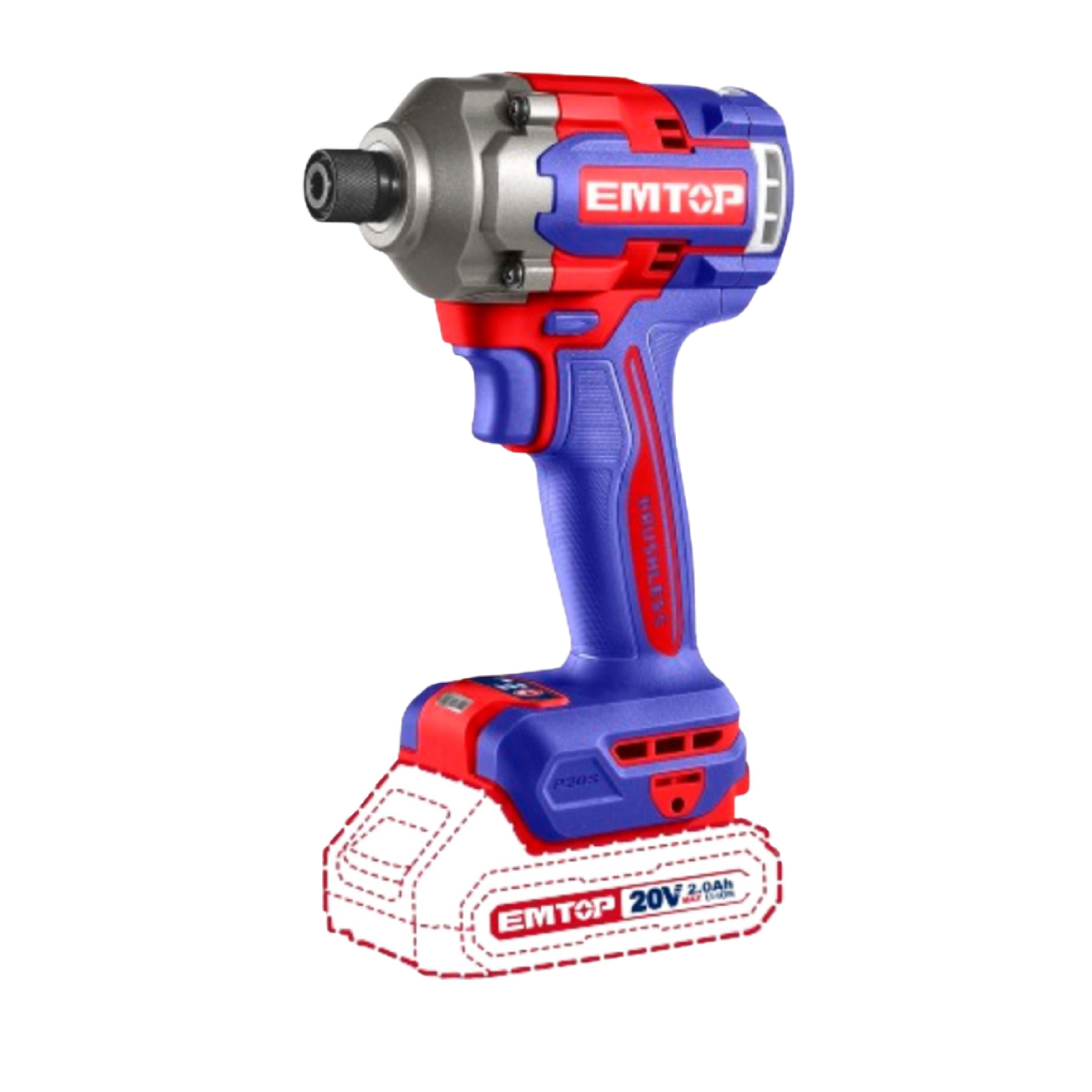 Шуруповёрт Emtop 1/4" + ударный гайковёрт 1/2", 230 Нм, 2 аккумулятора